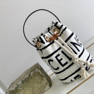 Replica Celine Triphome 19 Embroidered Fabric Drawstring Bucket Bag Black White