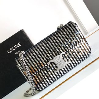 Replica Celine Stripe Sequin Claude Shoulder Bag Black Silver