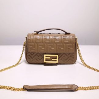 Replica Fendi Logo Embossed Leather Baguette Bag