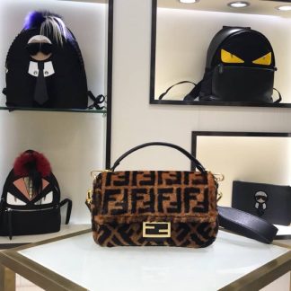 Replica Fendi Logo Shearling Leather Baguette Bag