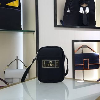 Replica Fendi Small Logo Patch Pequin Nylon Messenger Bag Black