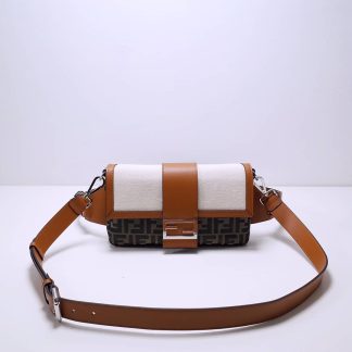 Replica Fendi Fabric Leather Flat Baguette Crossbody Bag