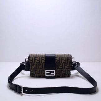 Replica Fendi Fabric Leather Flat Baguette Crossbody Bag